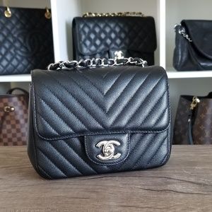 Chanel Quilted Chevron Caviar Mini Flap Square